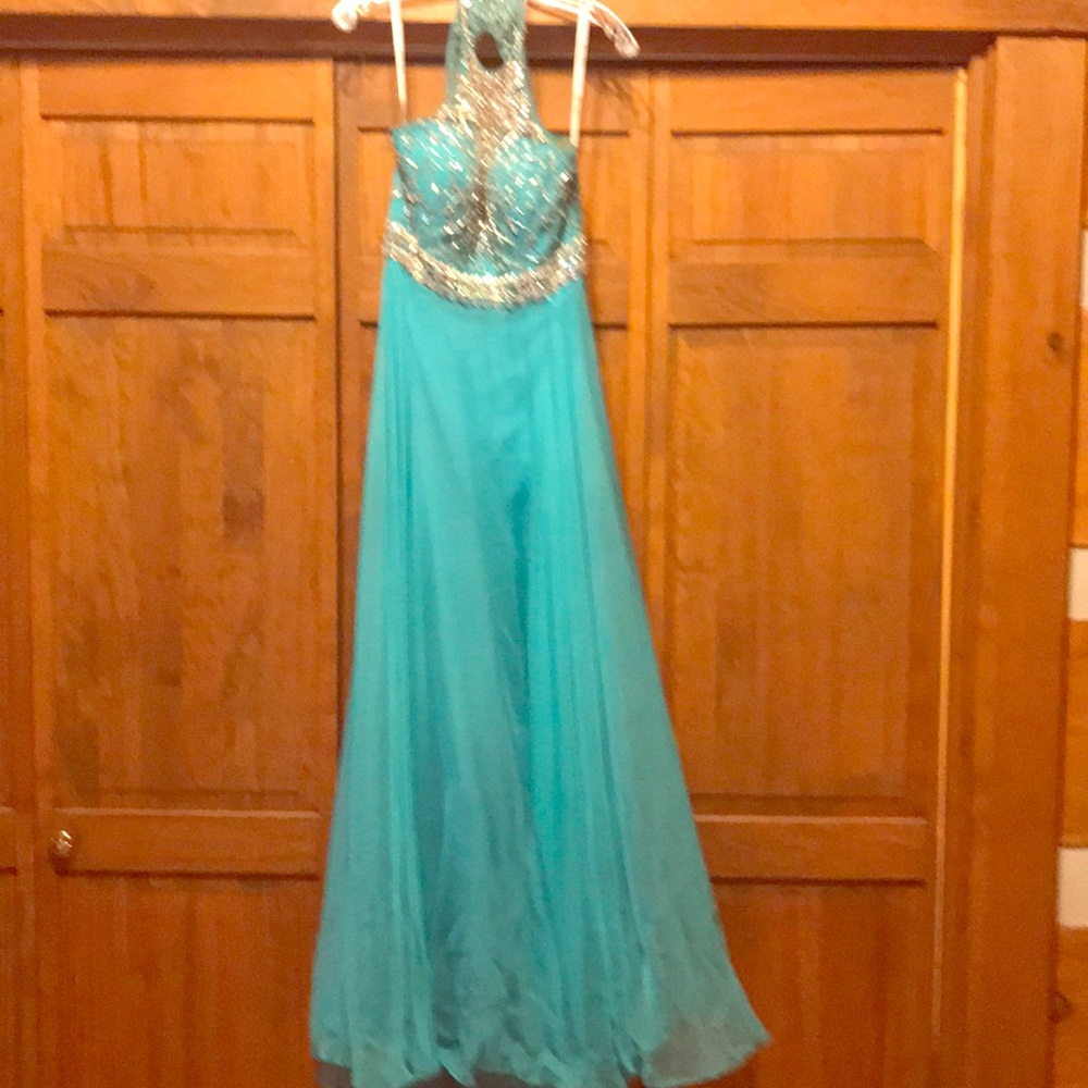 Seafoam green full length prom, bridesmaid dress